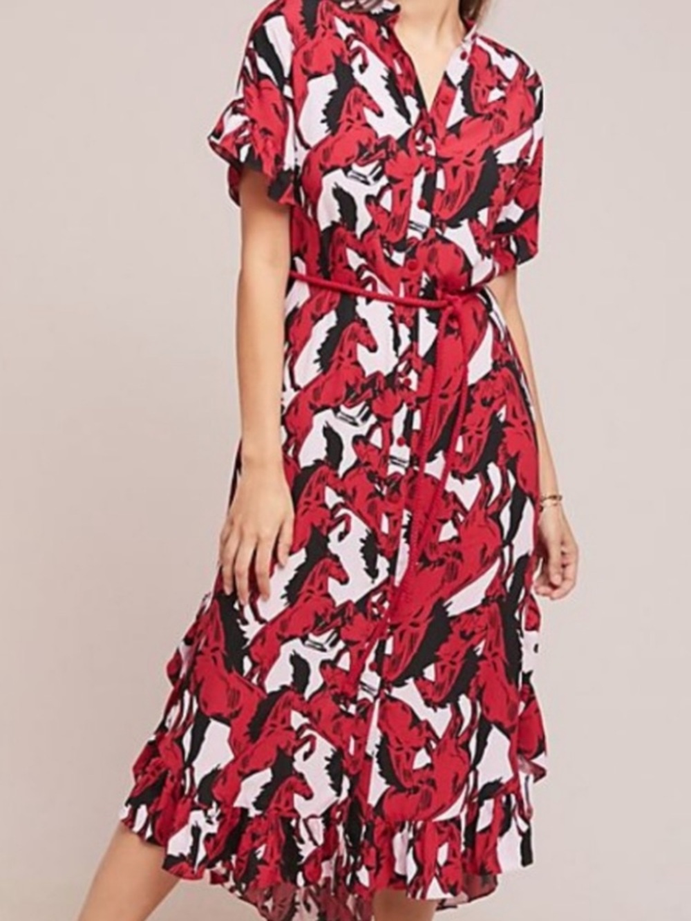 Corey Lynn Calter Anthropologie Malta Ruffled Horse Print Shirt Dress Maxi XS